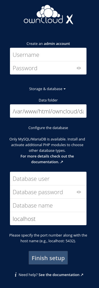 The database details section for the ownCloud installation The database details section for the ownCloud installation