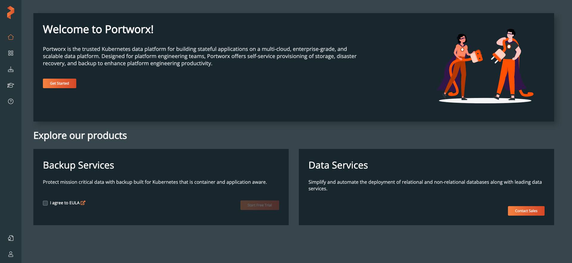 The Welcome to Portworx section of the Portworx Central Home page. The Welcome to Portworx section of the Portworx Central Home page.