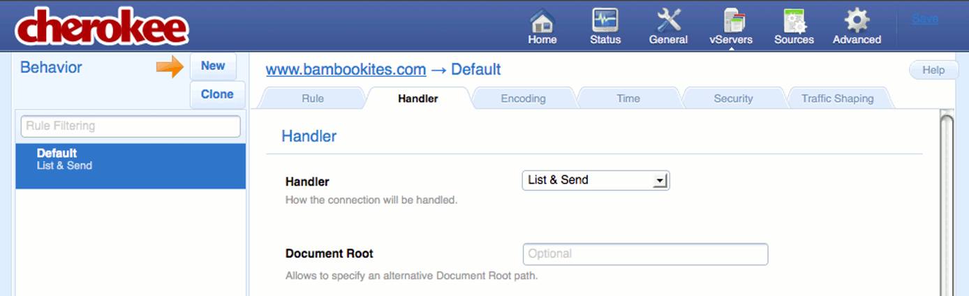 The Handler tab on the vServers page of the Cherokee admin panel on Fedora 13.